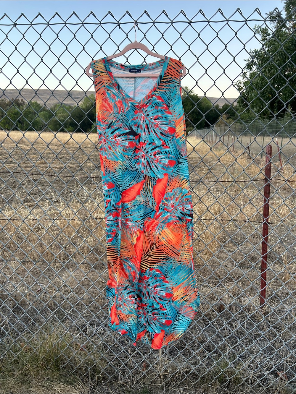 Tropical Print Sleeveless Maxi Dress - Teal & Coral - Picture 3 of 13